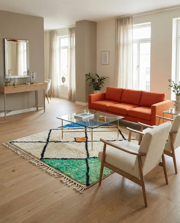 Helles Wohnzimmer mit Berberteppich aus Wolle mit großen schwarzen und grünen Rauten, orangem Sofa und cremefarbenem Sessel