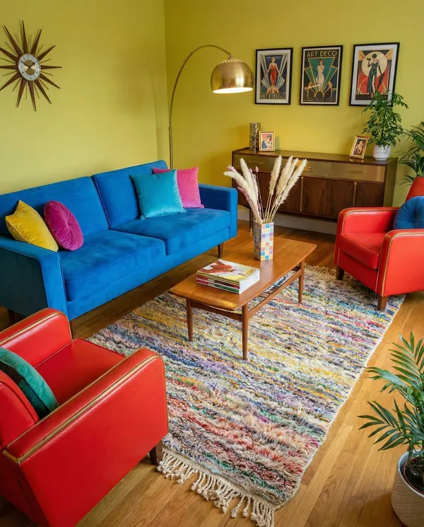 Salon coloré avec un tapis berbère multicolore, canapé bleu, fauteuils rouges et murs jaune moutarde