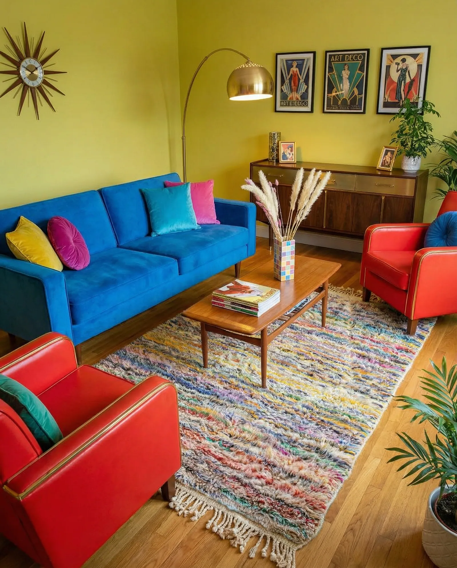 Salon coloré avec un tapis berbère multicolore, canapé bleu, fauteuils rouges et murs jaune moutarde