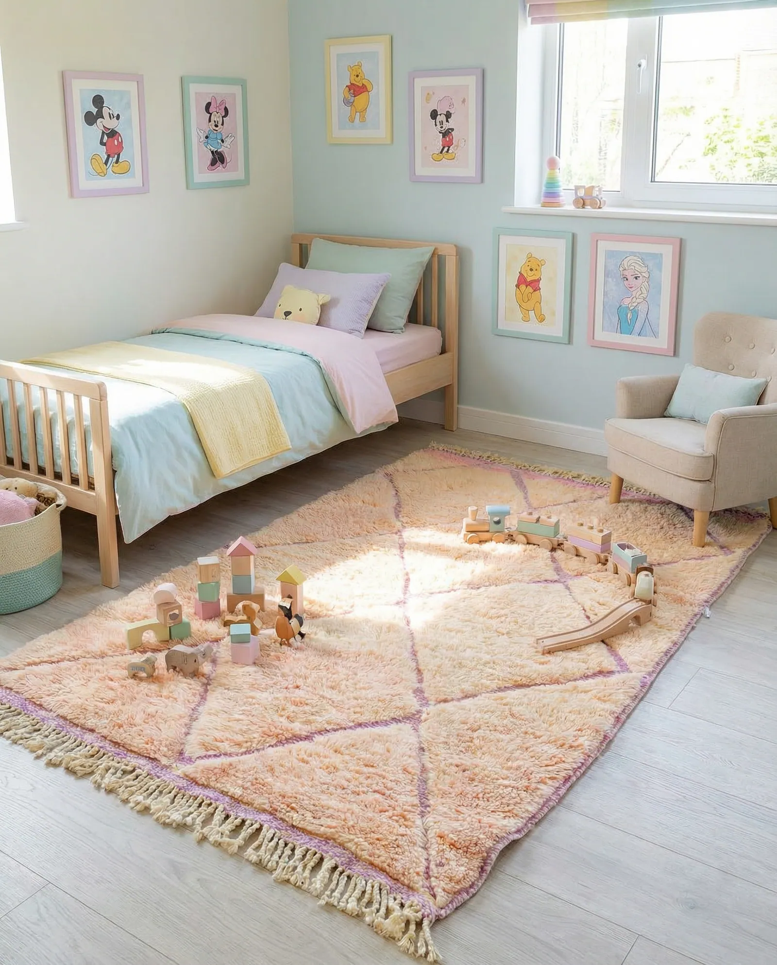 Chambre d’enfant pastel avec un tapis berbère rose clair à losanges et des jouets en bois posés dessus