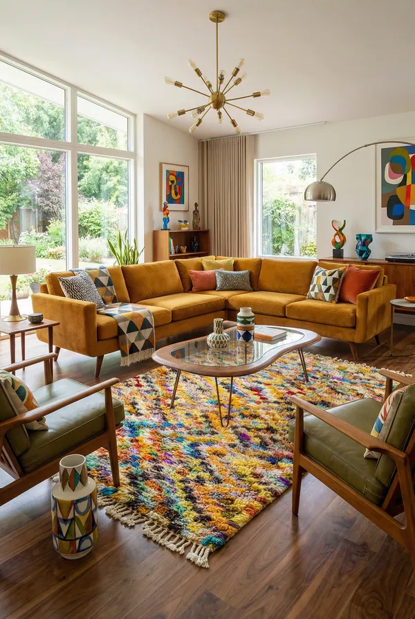 Vintage-Wohnzimmer mit buntem Azilal-Berberteppich mit kleinen Motiven, senfgelbem Sofa und Holzsesseln